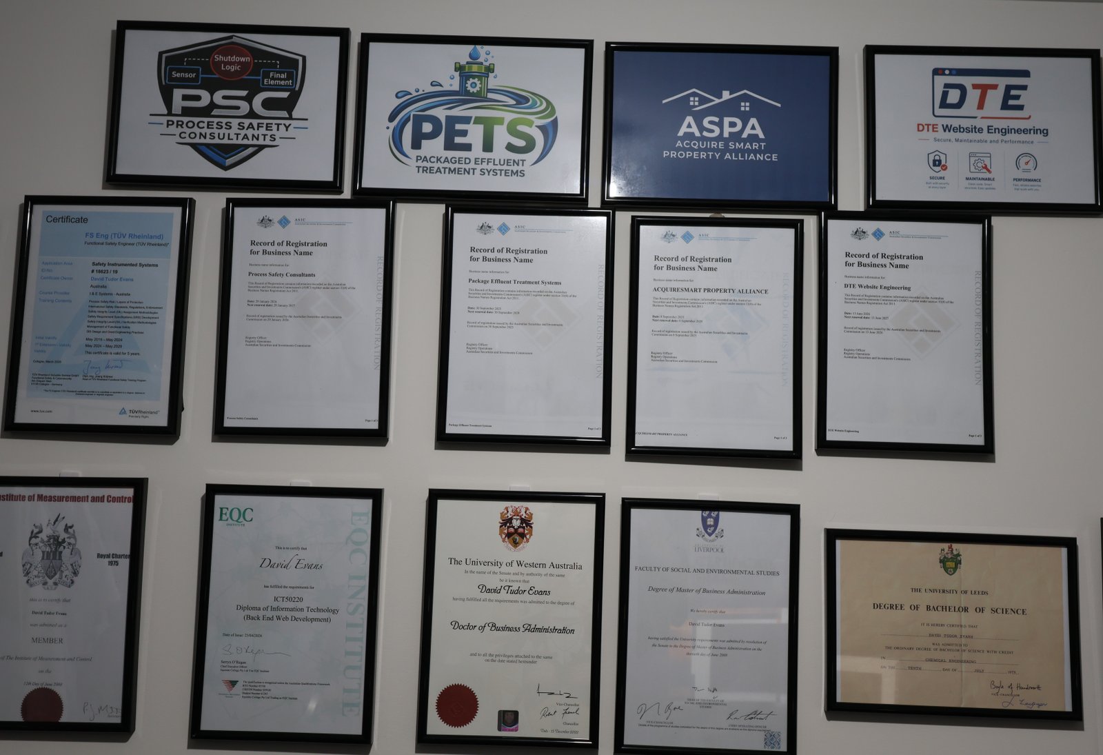 Dave Evans professional qualifications and registrations wall